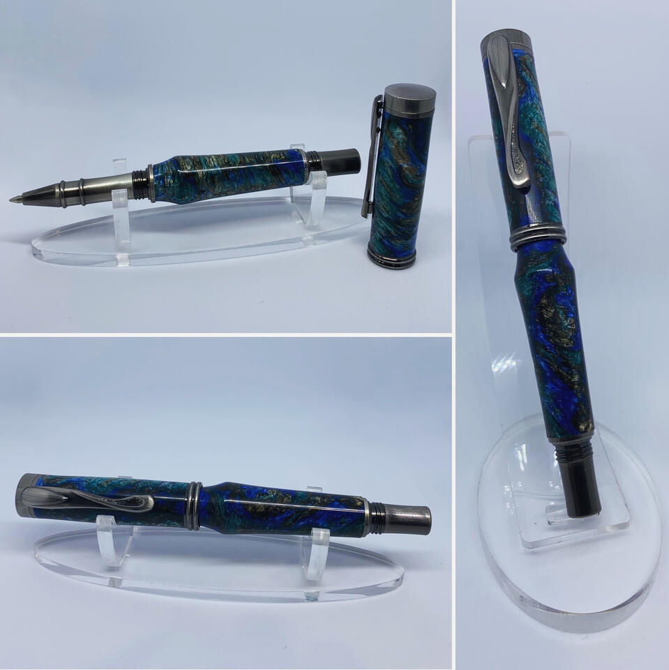 Blue, Green, and Gold Swirl Rollerball on Antique Silver